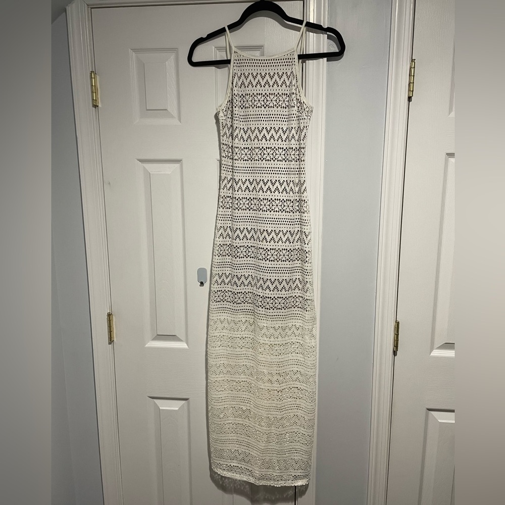 UK2LA White Crochet Halter Maxi Dress